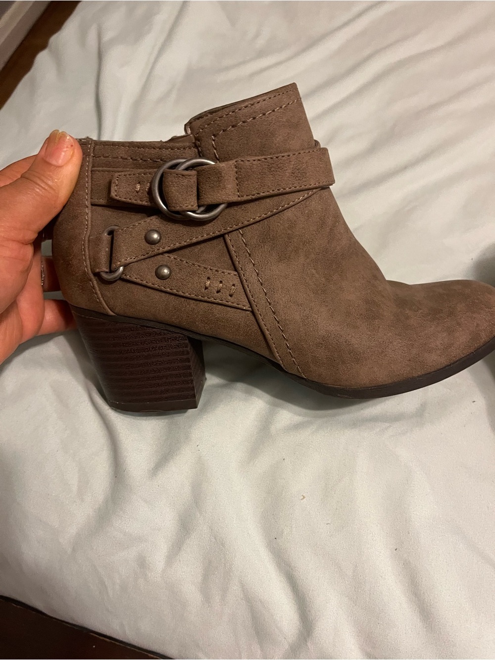 Women's Taupe Suede-Look Ankle Booties with Buckle Detail